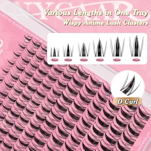 Fairy Lash Clusters Kit Spiky Manga Lash Clusters D Curl 144Pcs 8-18mm Lash Extension Kit Wispy Invisible Band Lashes Kit with Bond and Seal,Remover,Applicators DIY at Home(Fairy)