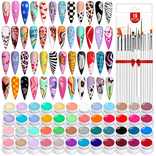 SAVILAND 48 Colors Gel Paint Kit: Solid Nail Art Painting Gel Polish Set with 15pcs Nail Art Brushes for Drawing Painting Home DIY Salon Manicure Supplies Christmas Gift for Women