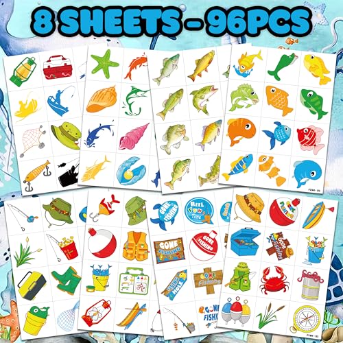 96 PCS Gone Fishing Fish Pre-Cut Temporary Tattoos for Kids | Super Cute First Themed Birthday Party Favors, Supplies, Decorations, Fake Tattoo Stickers, School Rewards Prizes & Gifts Boys & Girls