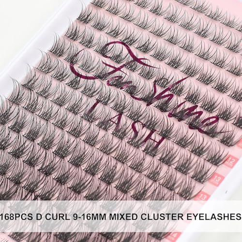 Fenshine Cluster Lashes Individual Lashes Wide Stem 168 PCS D Curl 9-16mm Length DIY Eyelash Extension Individual Soft False for Personal Use at Home