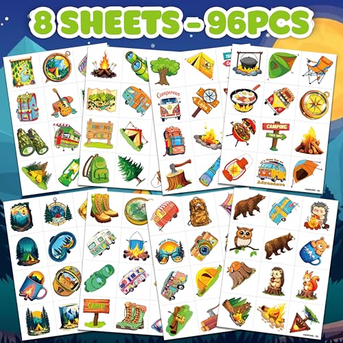 96PCS Camping Camp Camper Campfire Pre-Cut Temporary Tattoos for Kids | Super Cute Themed Birthday Party Favors, Supplies, Decorations, Fake Tattoo Stickers (multiple)