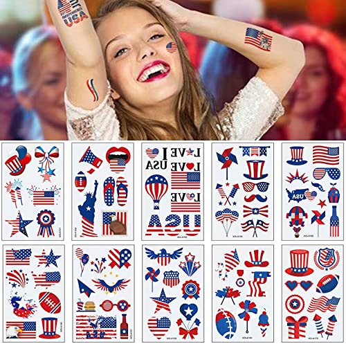 4th of July Temporary Tattoos, 90pcs American Flag Red White Blue Fake Tattoo Stickers, Independence Day Fourth of July Body Art USA National Memorial Decorations for Labor Day Party