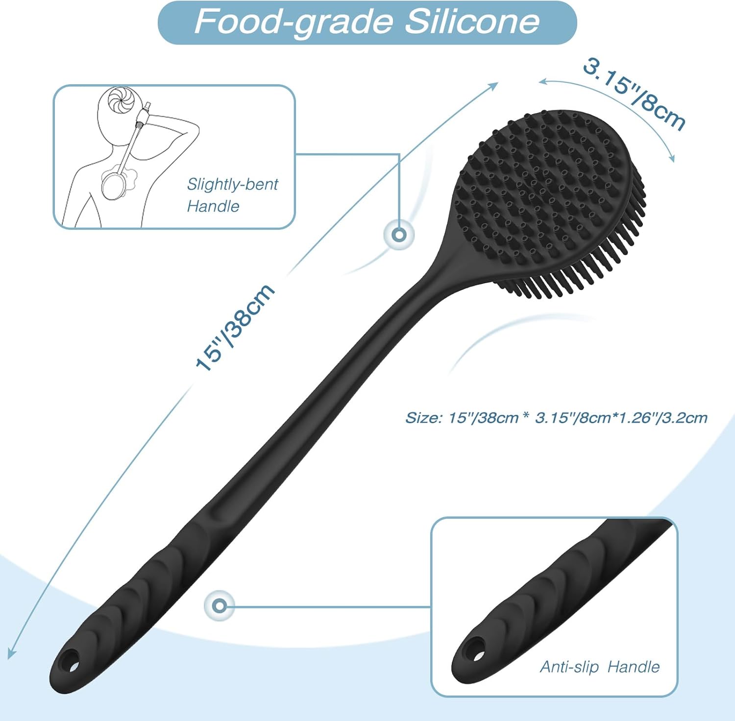 Manmihealth Silicone Back Scrubber (Thick Bristles) & Bath Glove & Face Brush Set(3PCS), Super-Exfoliating & Lathering Body Scrubber, Shower Brush, Face Scrubber Combination, with a Free Hook.(Black)
