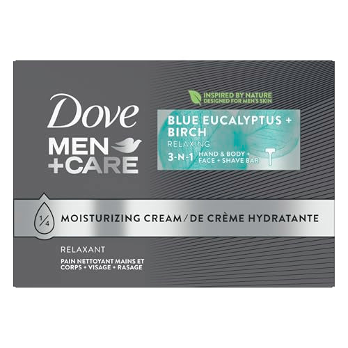 DOVE MEN + CARE Bar 3 in 1 Cleanser for Body, Face, and Shaving Blue Eucalyptus 8 Bars For Fresh, Healthy-Feeling Skin Body and Facial Cleanser More Moisturizing Than Bar Soap 3.75 oz