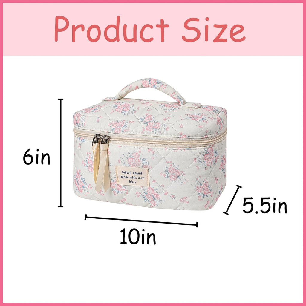 uekeboag Large Travel Quilted Makeup Bag for Women, Floral Cotton Cosmetic Bag, Coquette Aesthetic Floral Toiletry Organizer Bag