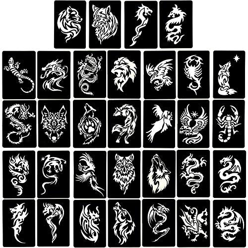 4 Sheets Temporary Tattoo Stencils, 32pcs Animal Patterns Henna Tattoo Stencil Kit Temporary Glitter Airbrush Tattoo Stencils Arabian Tattoo Stickers for Face Body Paint Art