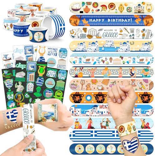 96 PCS Greek Mythology Party Favors Set ? 72 Pre-Cut Temporary Tattoos & 24 Slap Bracelets, Perfect for Cultural Festivals & Travel-Inspired Celebrations