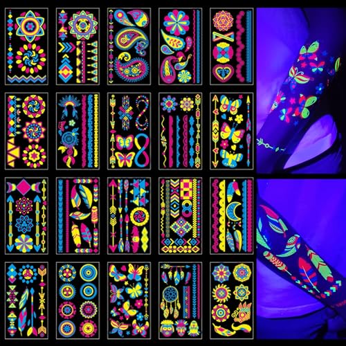 Glow in the Dark Tattoos 172 PCS Glow in the Dark Party Supplies,Neon Body Paint Be UV Blacklight Reactive Face Temporary Tattoos for Adults,Teens/Neon Accessories,Party Favors&Decorations