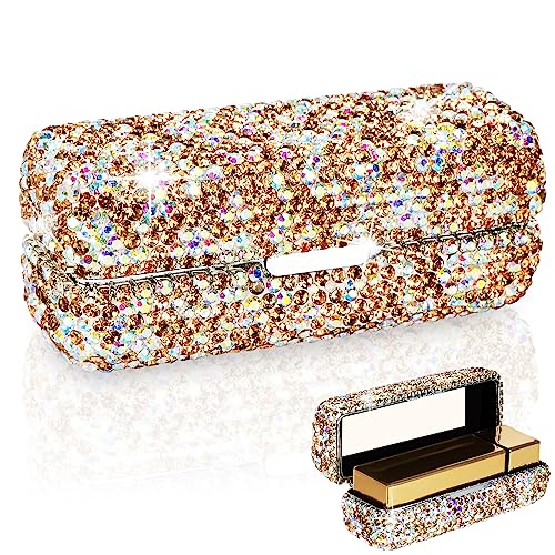 Lipstick Case with Mirror, Rhinestone Crystal Lipstick Organizer for Travel, Portable Bling Diamonds Lip Gloss Storage Holder (Gold)