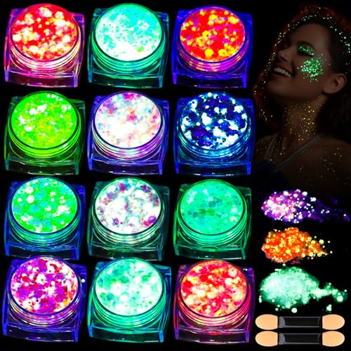Teenitor 12 Colors Glow in The Dark Glitter Gel, Face Glitter Body Glitter Gel Hair Glitter for UV Black Light Carnival Makeup Raves Festivals