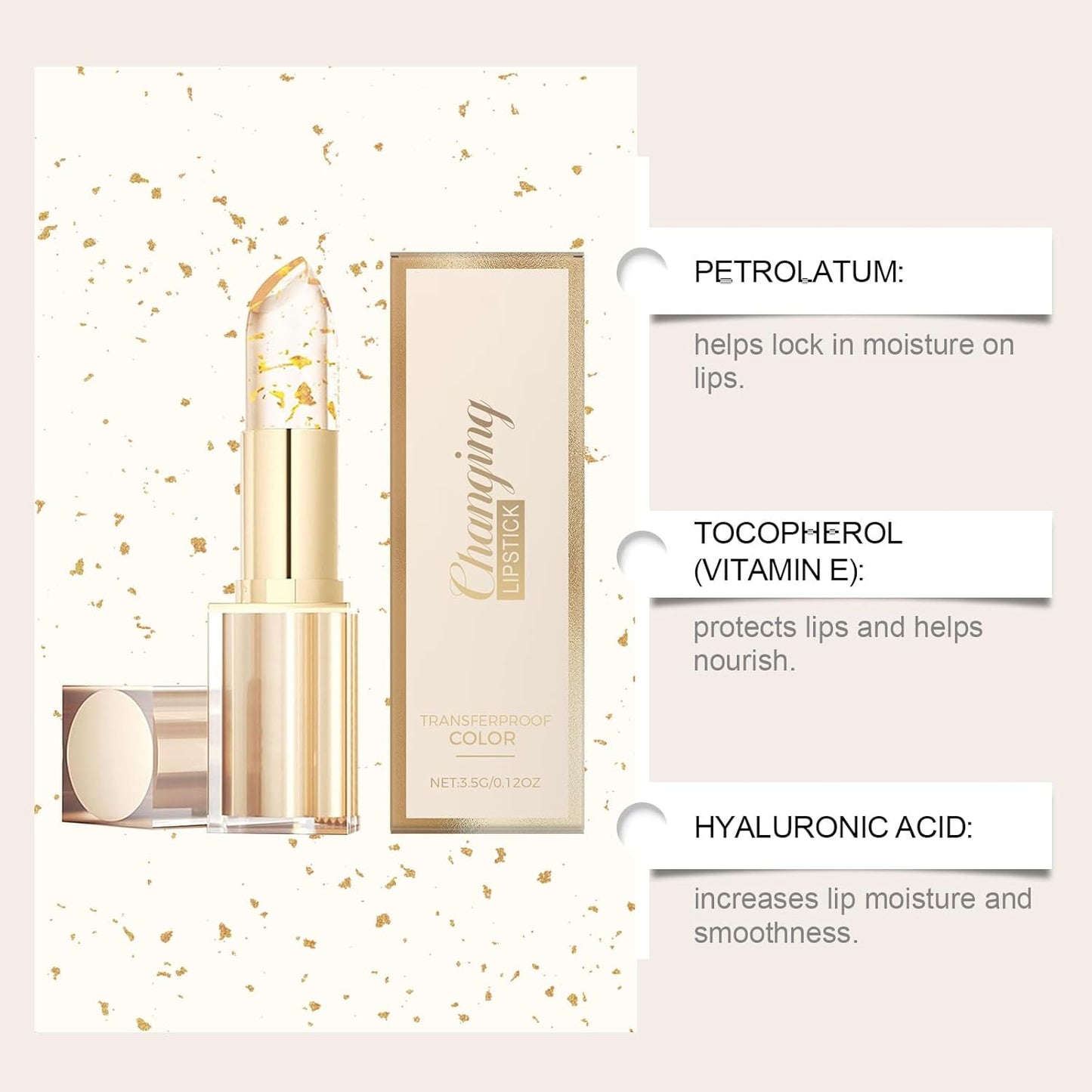 Transferproof Color Changing Lipstick for Women, Gold Crystal PH Lipstick Color Changing, Clear Lip stick That Changes Color (1PCS)