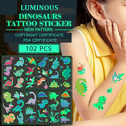 Luminous Temporary Tattoos, 102Pcs Dinosaur Cartoon Glow in the Dark Tattoos, Waterproof Fake Tattoos Body Face Stickers Designs Decorations, Birthday Party Favor Supplies Gifts