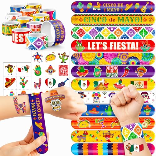48PCS Cinco de Mayo Party Favor Set - 24PCS Temporary Pre - cut Tattoos & 24PCS Slap Bracelets - Mexican Fiesta Birthday Supplies, Baby Shower Gifts, Classroom Rewards & Party Decor for Kids