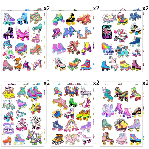 12 Sheets Roller Skate Temporary Tattoos, 80s 90s Roller Skating Birthday Party Supplies Decorations Roller Skating Party Favors Goodie Bag Fillers Party Game Gifts School Classroom Rewards