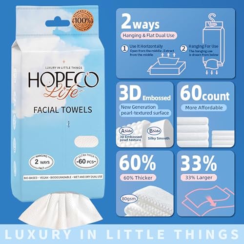 Disposable Face Towel, Soft Package, 60 Count, XL, Hanging and Flat Dual Use,Dry Wipes,Lint Free Face Cloths,Makeup Removal,Soft Cleansing Towelettes, Sensitive Skin Facial Towels,(1 Pack)