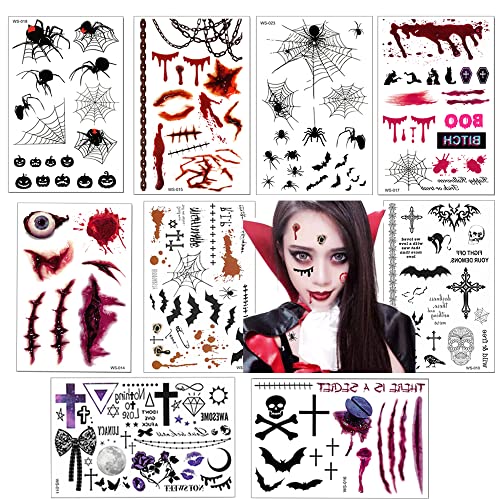 Halloween Tattoos Day of the Dead Temporary Tattoos Face Fake Stickers for Halloween Party Decoration 9sheet Spider Scar Skull Body Makeup Decals