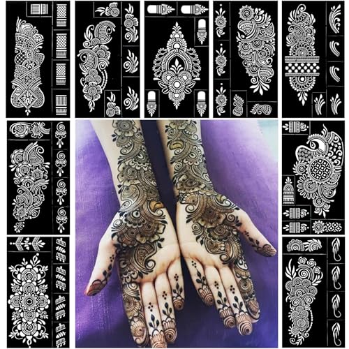 Pack of 9 Henna Tattoo Stencil Kit,Reusable Mehendi Stencils Templates for Hand Forearm Indian Arabian Temporary Tattoo Stickers
