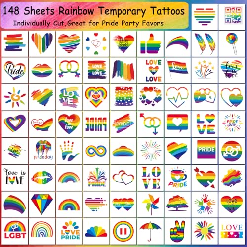 Rainbow Temporary Tattoos 148 Individually Sheets - Pride Tattoos Heart Lips Love Rainbow Tattoos for Pride Festivals