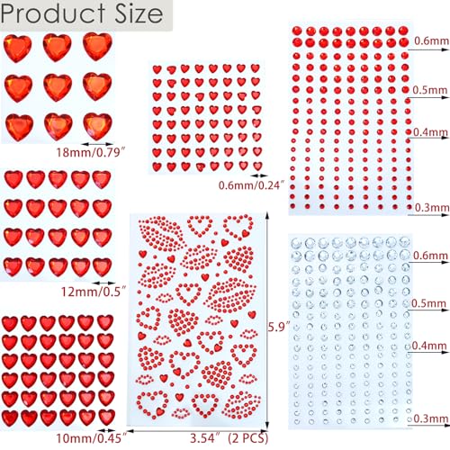 Red Heart Kiss Face Gems Self-Adhesive Rhinestone Red Lip Hair Gems Valentine's Day Face Jewels Stickers On for Rave Accessories Makeup Concerts