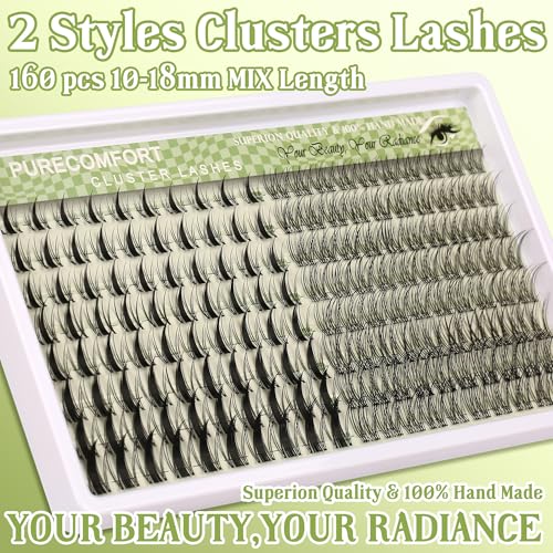 160 Pcs Lash Clusters Extensions Kit - Manga - Natural Wispy Faux Mink Individual Eye Lash 10-18mm Clusters with D Curl Fluffy Wispy Lash Clusters for Lash Extension at Home