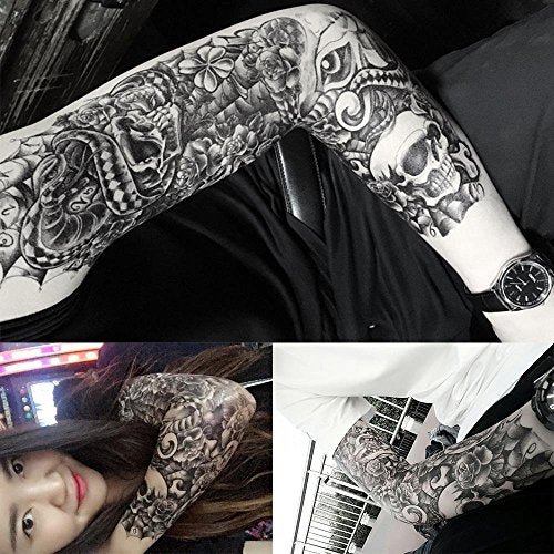 18.9x6.7 8 Sheets Extra Large Temporary Fake Tattoos Set for Men and Women, Full Arm Tattoo Sticker Skull Flower Paper Decal Fake Tattoos Sleeve DIY Black Body Art Sticker, Black 1