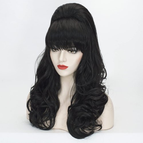 Beehive Wig Black Women Vintage Long Curly Bouffant Updo Victorian Fembot Wig 60s 50s Costume Married Housewife Heat Resistant Synthetic Hair Wigs for Halloween Party + Wig Cap