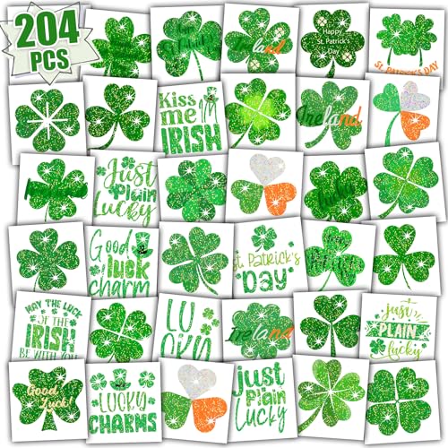 Partywind 204 PCS Glitter Shamrock Tattoos for St Patrick's Day, Individually Wrapped Cut Tattoo Stickers for Saint Patrick's Day Decorations Party Supplies, Irish Clover Accessories for Kids Adults