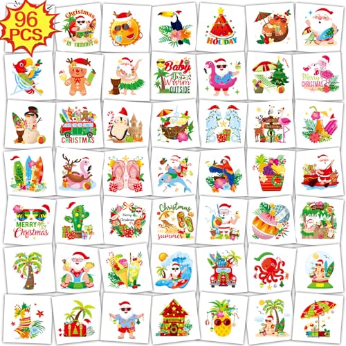 96 Pcs Summer Christmas Temporary Tattoos July Christmas Summer Party Face Tattoo Stickers Beach Coconut Pattern for Kids Adults Holiday in July Party Xmas Favors Supplies Decoration