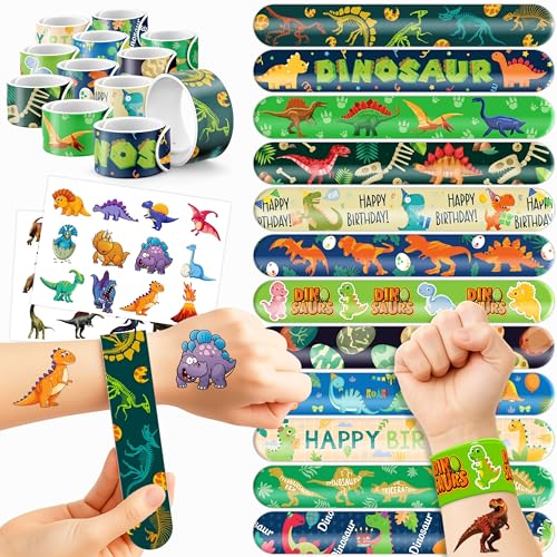 48 PCS Dinosaur Party Favors 24PCS Tattoos 24PCS Slap Bracelets Wristbands Perfect for Dino Themed Birthday Baby Showers or Classroom Rewards Ideal Decor and Gifts for Girls and Boys