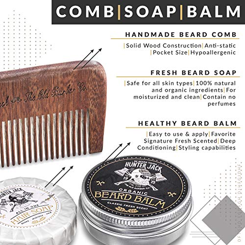 Hunter Jack Beard Kit for Men - Sandalwood Beard Comb, Beard Soap, and Beard Balm - Fine Tooth Mustache Comb - Mens Beard Kit for Care and Grooming in Premium Gift Box
