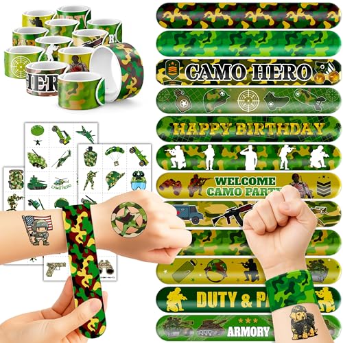 72PCS Military Party Favors 24PCS Pre-cut Tattoos Sticker 24PCS Slap Bracelets Perfect for Themed Birthday Baby Showers or Classroom Rewards Ideal Decor and Gifts for Girls and Boys