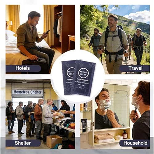 Travel Shaving Cream for Men, Individually Wrapped Mini Shaving Cream in Bulk, Disposable Travel Size Toiletries Amenities Vacation for Hotel, Shelter/Homeless/Nursing Home/Charity 0.34 oz (60 Pack)