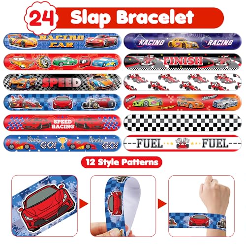 48PCS Race Car Party Set - 24PCS Temporary Tattoos & 24PCS Slap Bracelets - Racing-Themed Birthday Supplies, Baby Shower Gifts, Classroom Rewards & Party Decor for Kids (Boys & Girls)