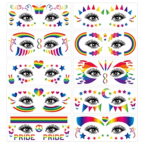 LGBT Pride Rainbow Temporary Tattoos,10 Sheets Mixed Rainbow Style Patterns Waterproof Gay Pride Day Face Tattoo Stickers for Women Men Pride Parades Festival Party Supplies