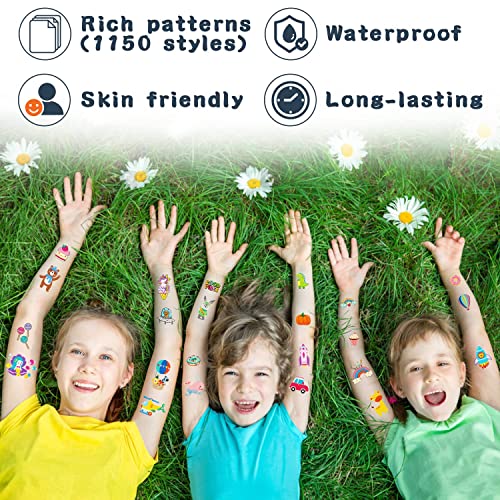 Partywind 100 Sheets (1150 Styles) Temporary Tattoos for Kids Goodie Bag Stuffers, Fake Tattoo Stickers for Boys and Girls Party Favors Supplies, Cute Birthday Prizes for Kids Back to School