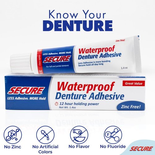 Secure Waterproof Denture Adhesive - Zinc Free - Extra Strong 12 Hour Hold - 1.4 oz (Pack of 4)