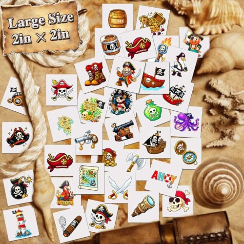100 Pcs Pirate Temporary Tattoos for Kids,£¨2'' x 2''£©Individually Wrapped Tattoos, Pirate Ship Nautical Themed Birthday Decorations, Party Favors Supplies