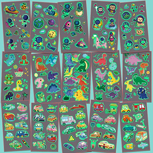 Metker 360PCS Luminous Waterproof Temporary Tattoos - Dinosaurs, Vehicles, Space Themes for Kids Party Supplies