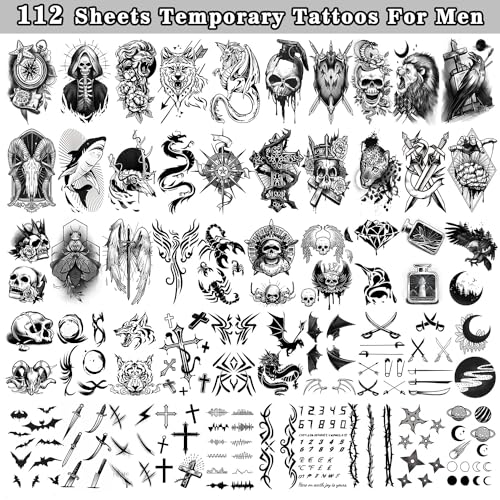 Cerlaza 112 Sheets Temporary Tattoos for Adult Men, Fake Tattoos for Neck Arm Finger, Tatuajes Temporales Tiger Wolf Lion Dragon Halloween Tattoo Stickers