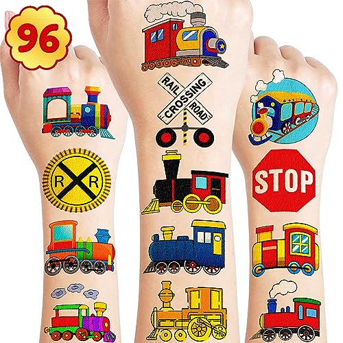 Train Temporary Tattoos Themed Birthday Party Supplies Decorations Favors Decor Cute Stickers Tattoo 8 Sheets 96 PCS Gifts for Kids Boys Girls Classroom Rewards Prizes Christmas