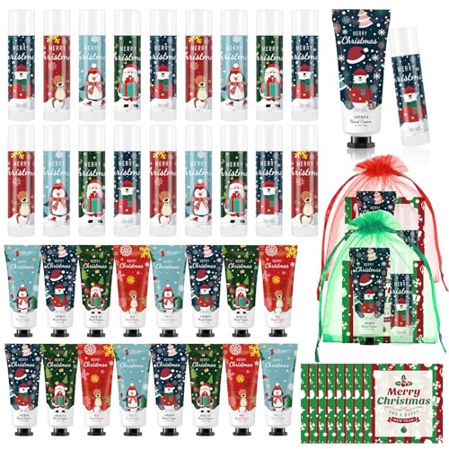 12 Set Christmas Hand Cream Gift Set, Including Moisturizing Hand Lotion, Xmas Lip Balm, Gauze Bags, Thank You Cards Natural Fragrant Bulk Christmas Gifts for Coworkers Employees Stuffers