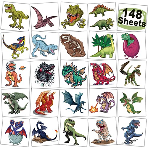 148 PCS Dinosaur and Dragon Temporary Tattoos for Kids - Dragon Individually Tattoos for Boys Girls Dinosaur Birthday Party Favors Goodie Bag Fillers