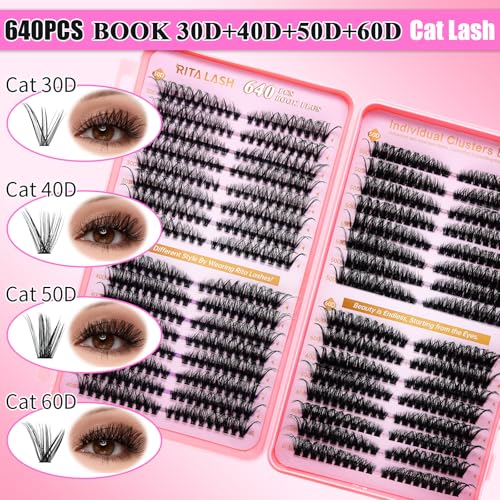 Lash Clusters Kit Eyelash Clusters Kit Cat Eye Lashes Large Pack Cluster Eyelash Extensions Lash Extension Kit Pesta?as Postizas Naturales with Lash Bond&Seal,Remover,Tweezers,Cleanser(Lash Kit-5)