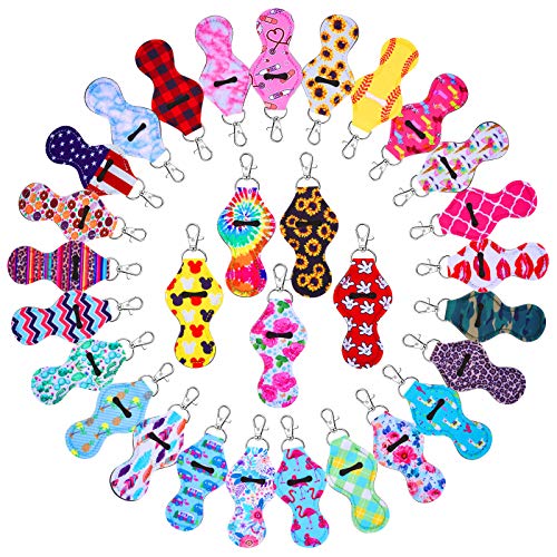 Caffox Chapstick Holder Keychain, 30Pcs Lip Balm Holder with Clip, Chapstick Lipstick Lipgloss Holder Bulk for Lanyards, Keychain