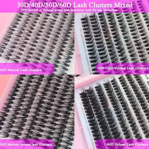 DAODER Wispy Lash Extension Kit 640Pcs Cluster Lashes Natural Look, Short Lash Clusters Kit 9-13mm 30D 40D 50D 60D D Curl Individual Lashes Kit with Lash Bond Seal Remover(30D+40D+50D+60D Kit 9-13mm)