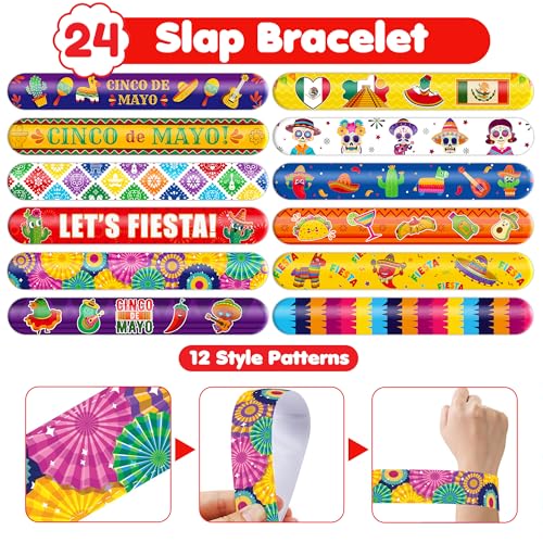 48PCS Cinco de Mayo Party Favor Set - 24PCS Temporary Pre - cut Tattoos & 24PCS Slap Bracelets - Mexican Fiesta Birthday Supplies, Baby Shower Gifts, Classroom Rewards & Party Decor for Kids
