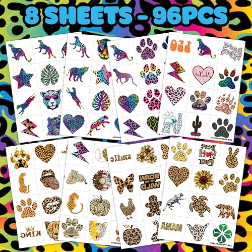 96PCS Cheetah Print Temporary Tattoos Pre-Cut | Jungle Safari Birthday Party Supplies, Cheetah Stickers for Kids Boys Girls, Fun Favors, Decorations, Classroom Prizes & Gifts