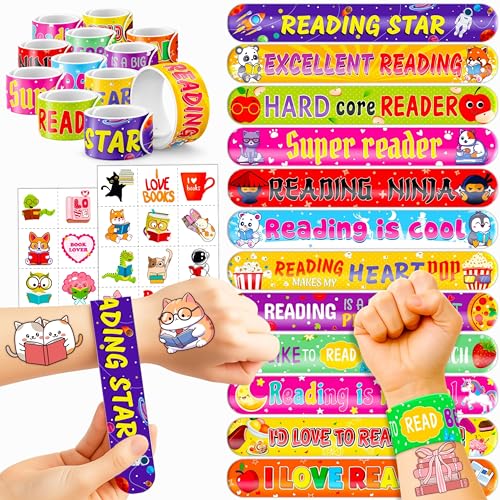 48PCS Love to Read Party Set - 24PCS Temporary Tattoos & 24PCS Slap Bracelets - Fun Book-Themed Birthday Supplies, Baby Shower Gifts, Classroom Rewards & Reading Incentives for Kids (Boys & Girls)