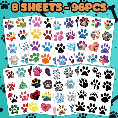 96 PCS Cat Dog Paw Print Pre-Cut Temporary Tattoos Sticker Tie Dye Animal Themed Birthday Party Supplies Decorations Decor Favors Gifts Ideas Girls Boys Cute Let¡¯s Pupply Pet Fake Tattoo School Reward