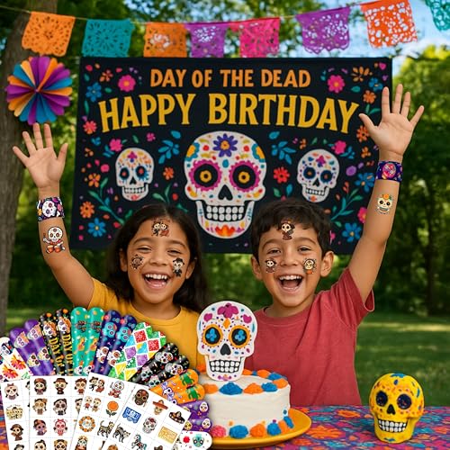 72PCS Day of the Dead Party Set | 48PCS Temporary Tattoos & 24PCS Slap Bracelets Fun D?a de los Muertos Birthday Supplies, Baby Shower Gifts, Classroom Rewards & Party Decor for Kids